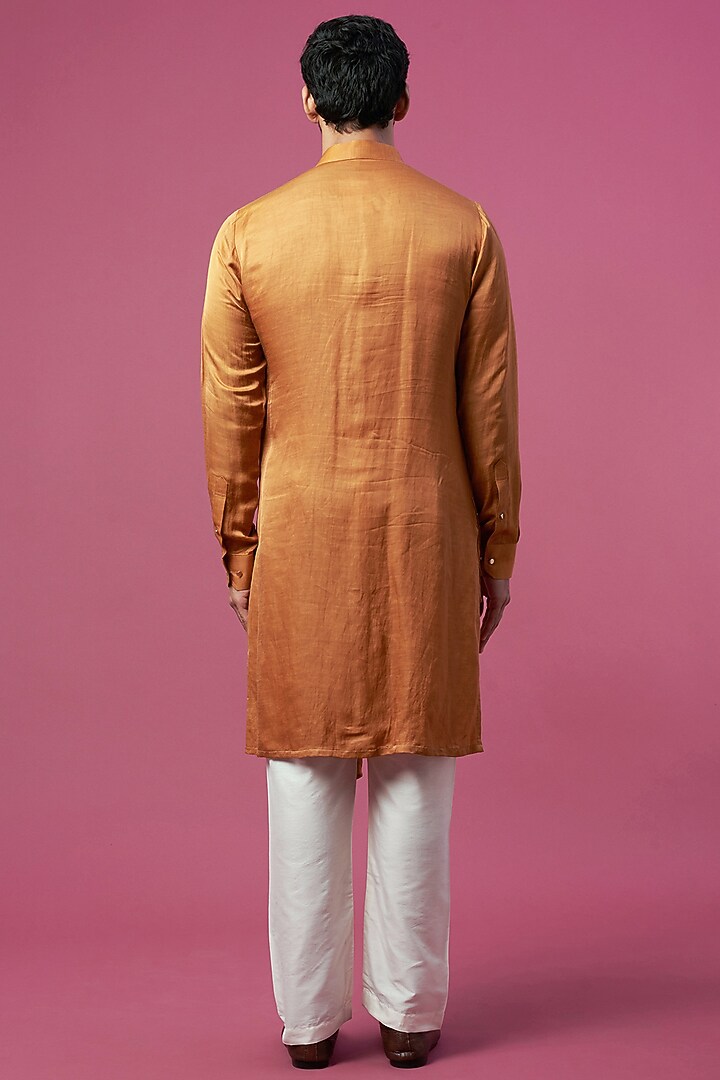Mustard Linen Satin Kurta by Prima Czar at Pernia's Pop Up Shop