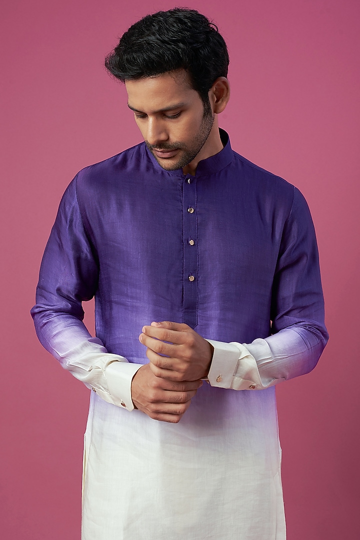 Purple & White Linen Satin Kurta by Prima Czar at Pernia's Pop Up Shop