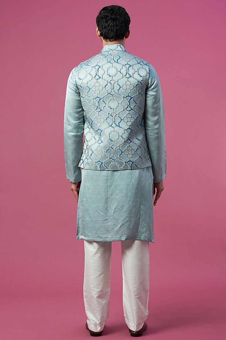 Blue Jacquard Panelled Bundi Jacket by Prima Czar at Pernia's Pop Up Shop