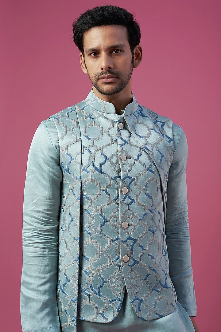 Blue Jacquard Panelled Bundi Jacket by Prima Czar at Pernia's Pop Up Shop