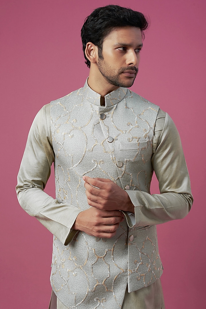 Green Jacquard Asymmetric Bundi Jacket Set by Prima Czar at Pernia's Pop Up Shop