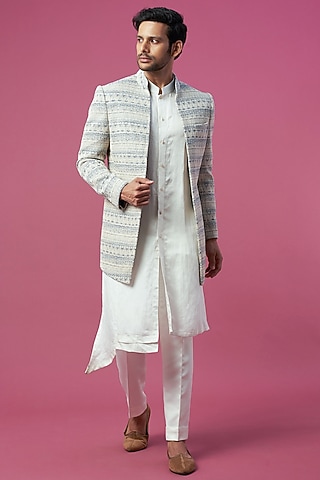 Beige Jute Jacquard Indo-Western Set by Prima Czar