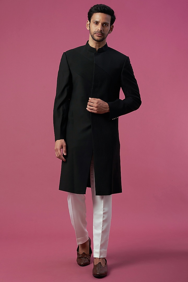 Black Wool Sherwani Set by Prima Czar
