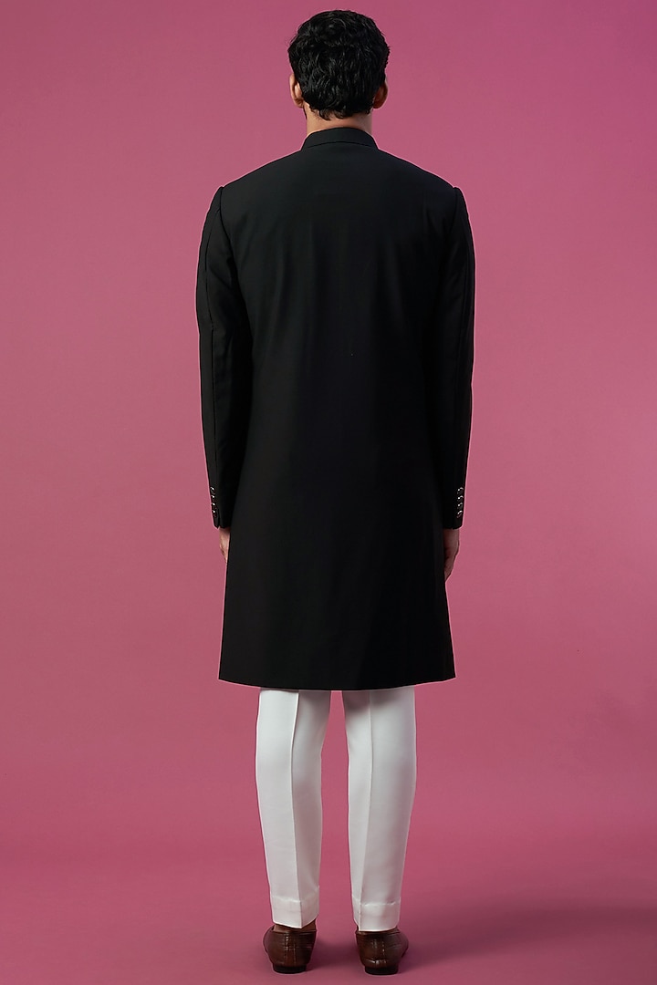 Black Wool Wedding Sherwani Set by Prima Czar at Pernia's Pop Up Shop