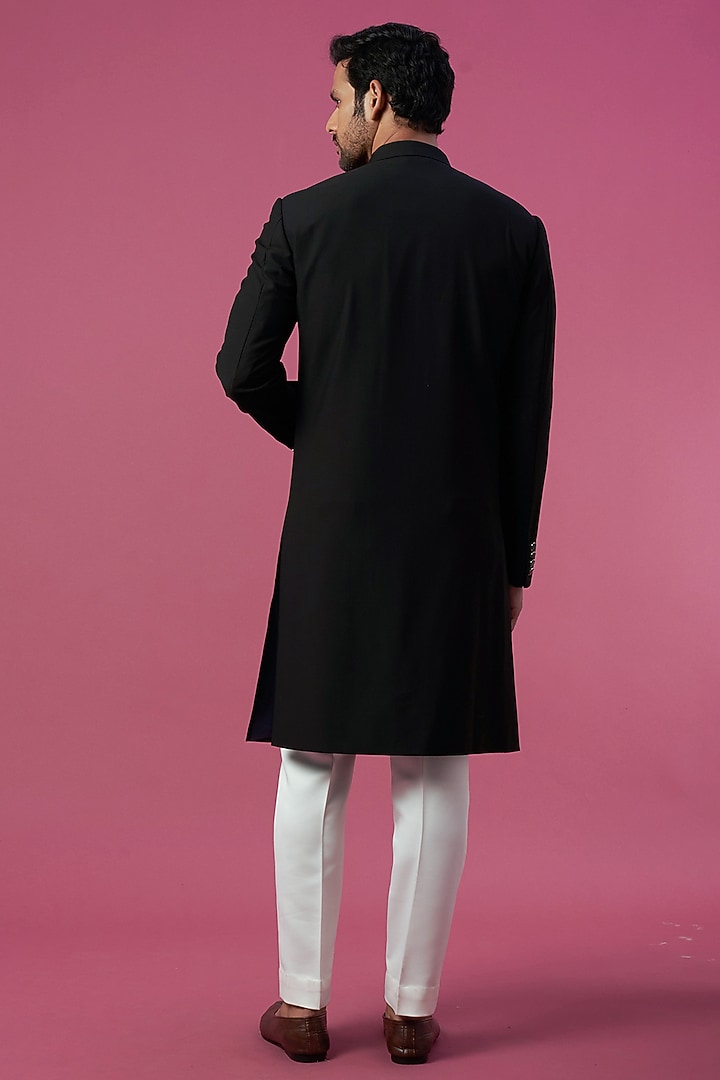 Black Wool Wedding Sherwani Set by Prima Czar at Pernia's Pop Up Shop