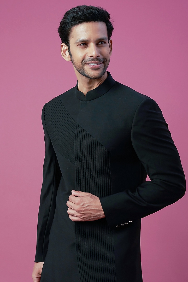 Black Wool Wedding Sherwani Set by Prima Czar at Pernia's Pop Up Shop