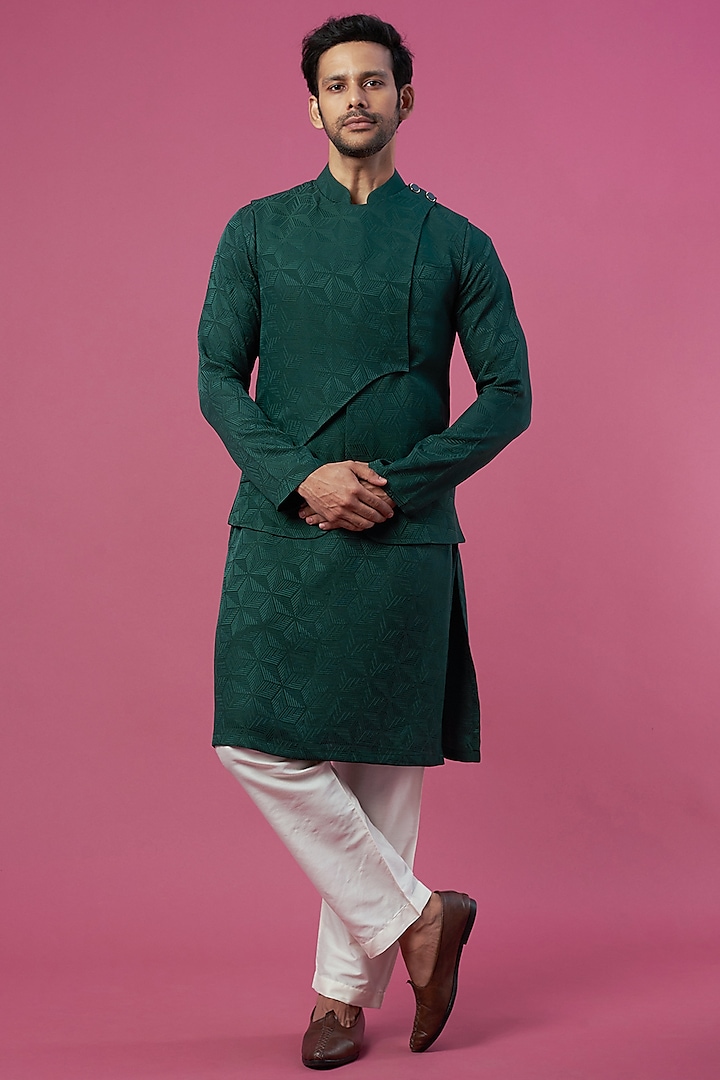 Green Triacetate Satin Bundi Jacket With Kurta  by Prima Czar