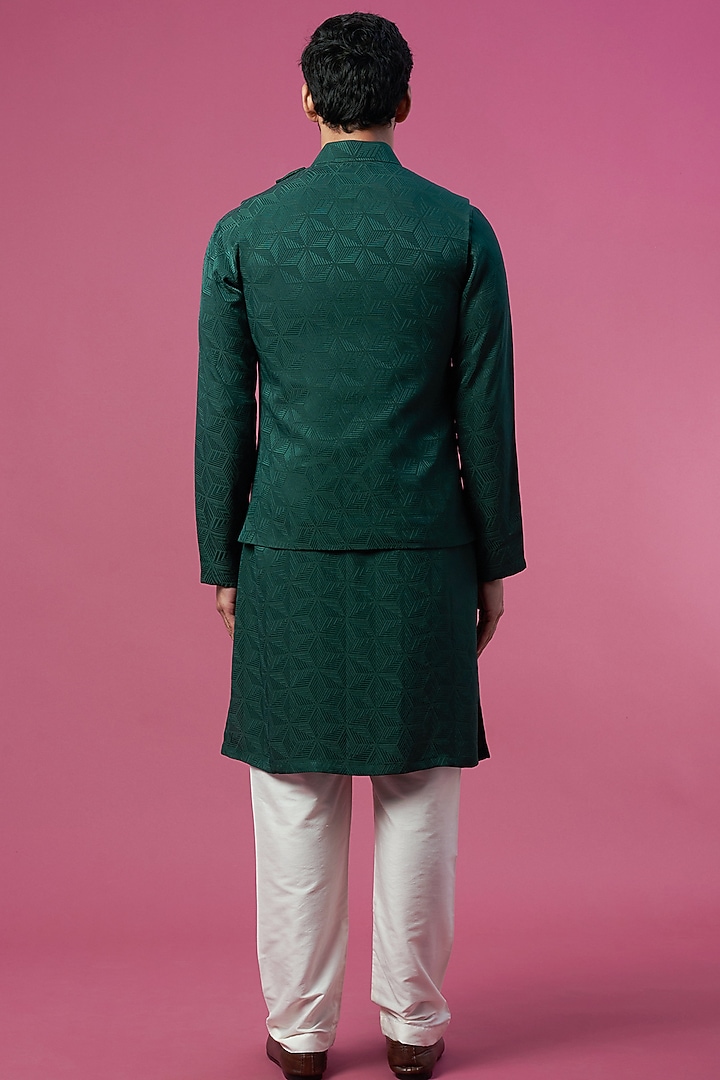 Green Triacetate Satin Paneled Bundi Jacket Set by Prima Czar at Pernia's Pop Up Shop