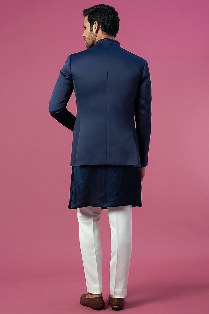 Navy Blue Embroidered Jacket Set by Prima Czar at Pernia's Pop Up Shop