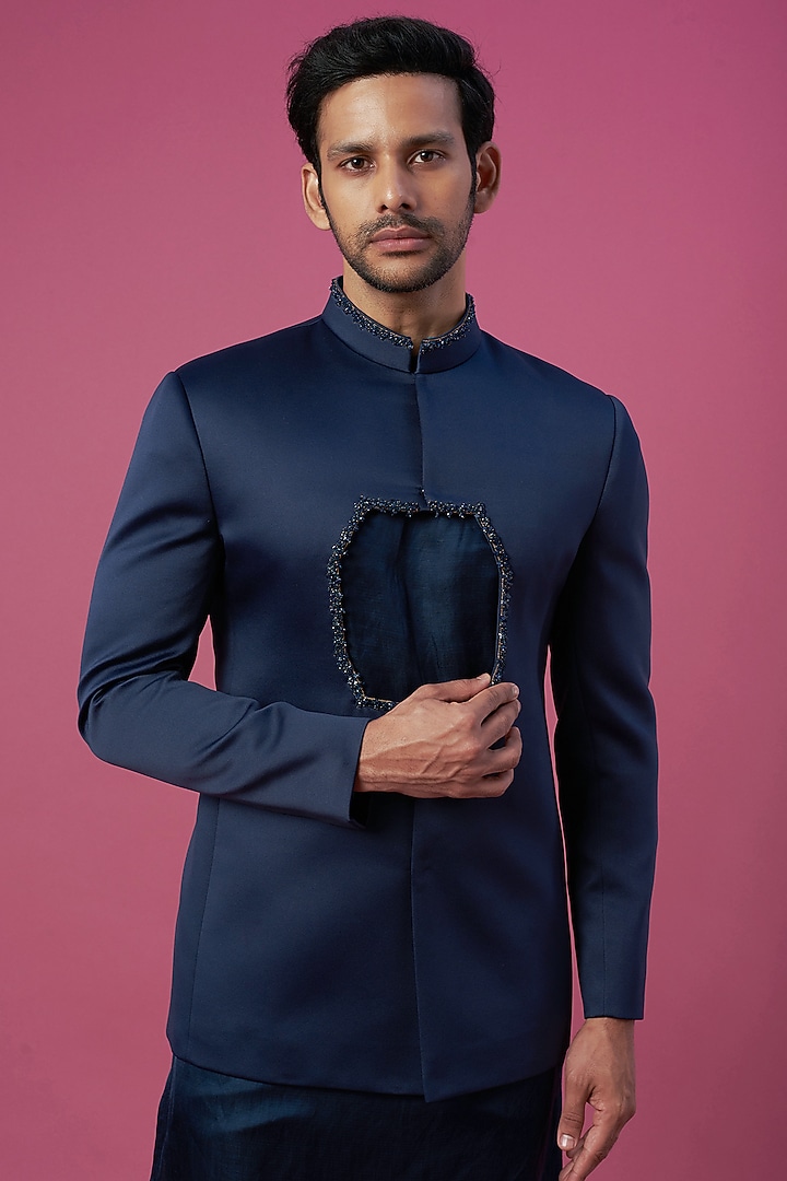 Navy Blue Embroidered Jacket Set by Prima Czar at Pernia's Pop Up Shop