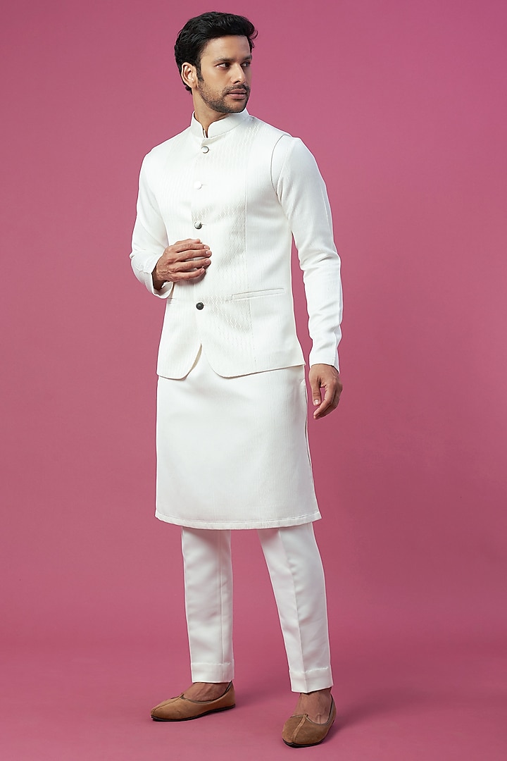 Ivory Jacquard Bundi Jacket With Kurta Set by Prima Czar