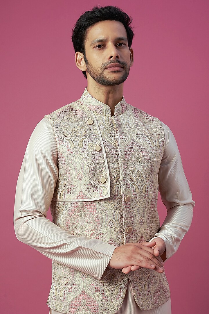 Beige Jacquard Bundi Jacket by Prima Czar at Pernia's Pop Up Shop