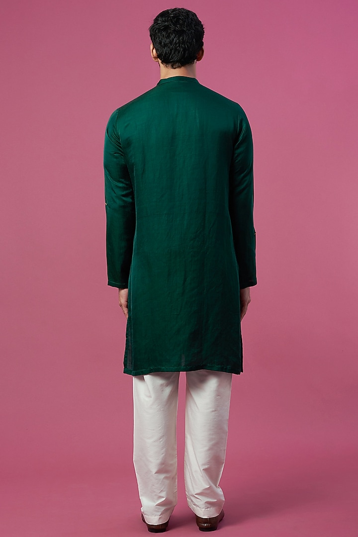 Green Linen Satin Embroidered Kurta by Prima Czar at Pernia's Pop Up Shop