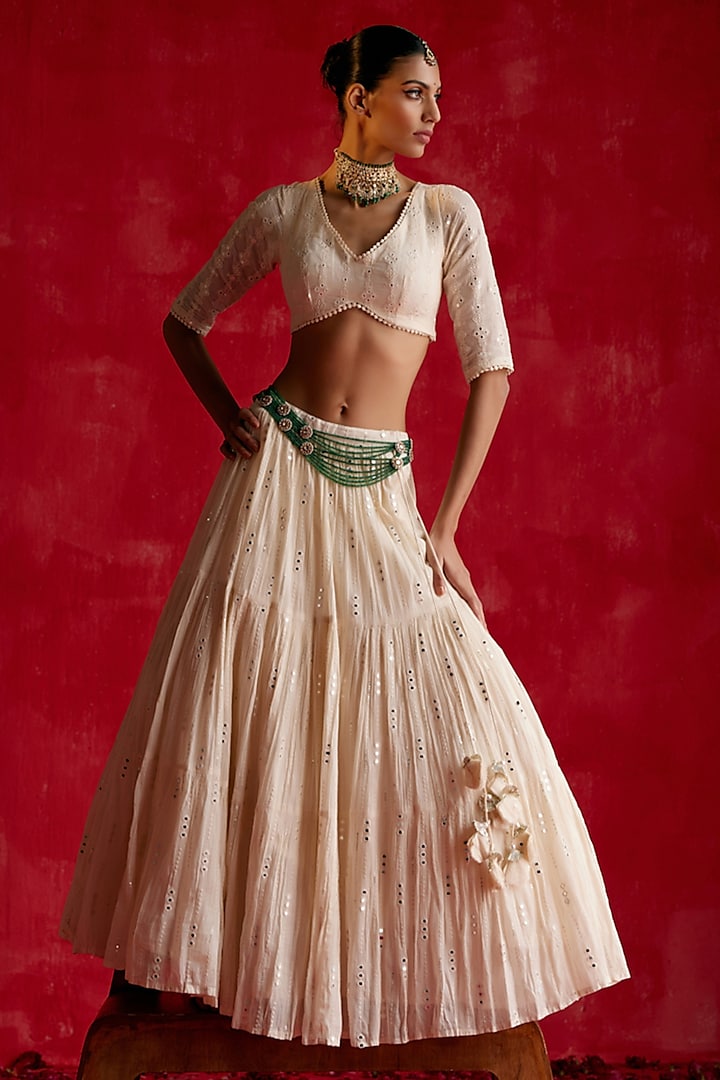 Off-White Cotton Mulmul Mirror & Thread Work Lehenga Set by PREEVIN at Pernia's Pop Up Shop