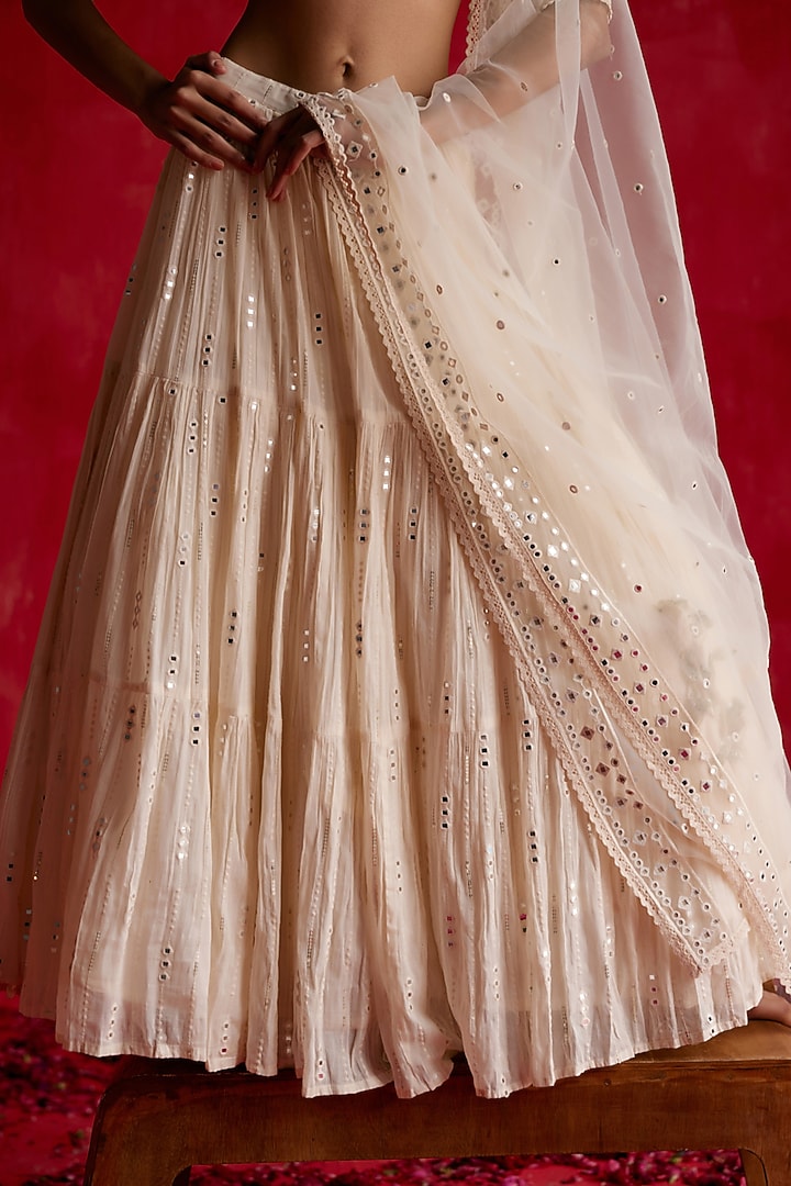 Off-White Cotton Mulmul Mirror & Thread Work Wedding Lehenga Set by PREEVIN at Pernia's Pop Up Shop