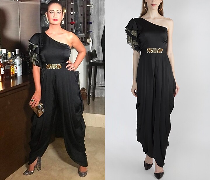 Black Embroidered Jumpsuit With Detailed Belt by Gunu Sahni at Pernia's Pop Up Shop