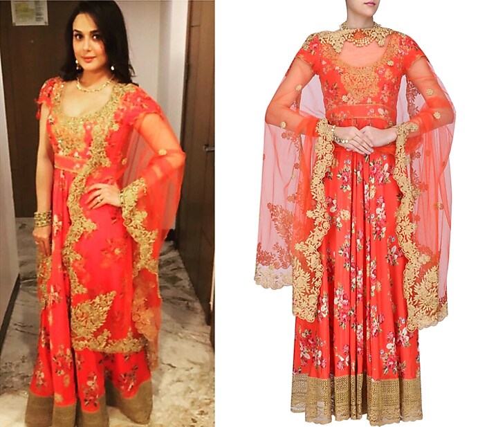 Red and gold floral embroidered anarkali kurta set available only at Pernia's Pop Up Shop.