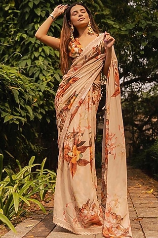Blush Pink Georgette Printed Saree Set by Varun Bahl Pret