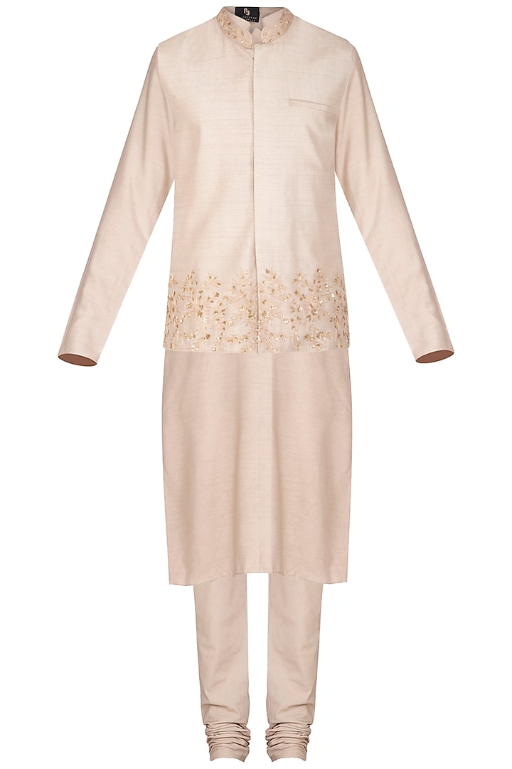 Champagne Gold Kurta Set With Embroidered Waistcoat by Prathyusha Garimella Men at Pernia's Pop Up Shop