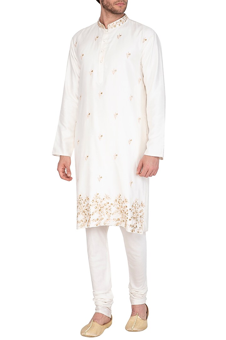 Ivory Leaf Embroidered Kurta With Churidaar Pants by Prathyusha Garimella Men at Pernia's Pop Up Shop