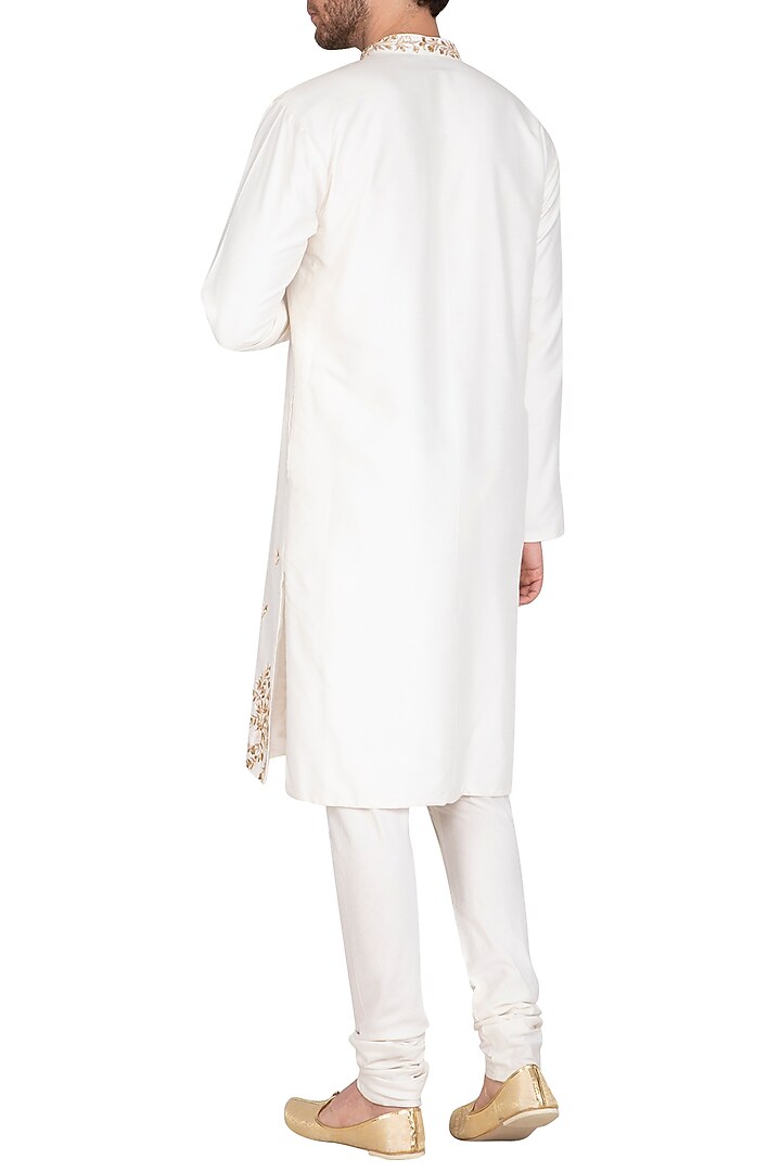 Ivory Leaf Embroidered Kurta With Churidaar Pants by Prathyusha Garimella Men at Pernia's Pop Up Shop