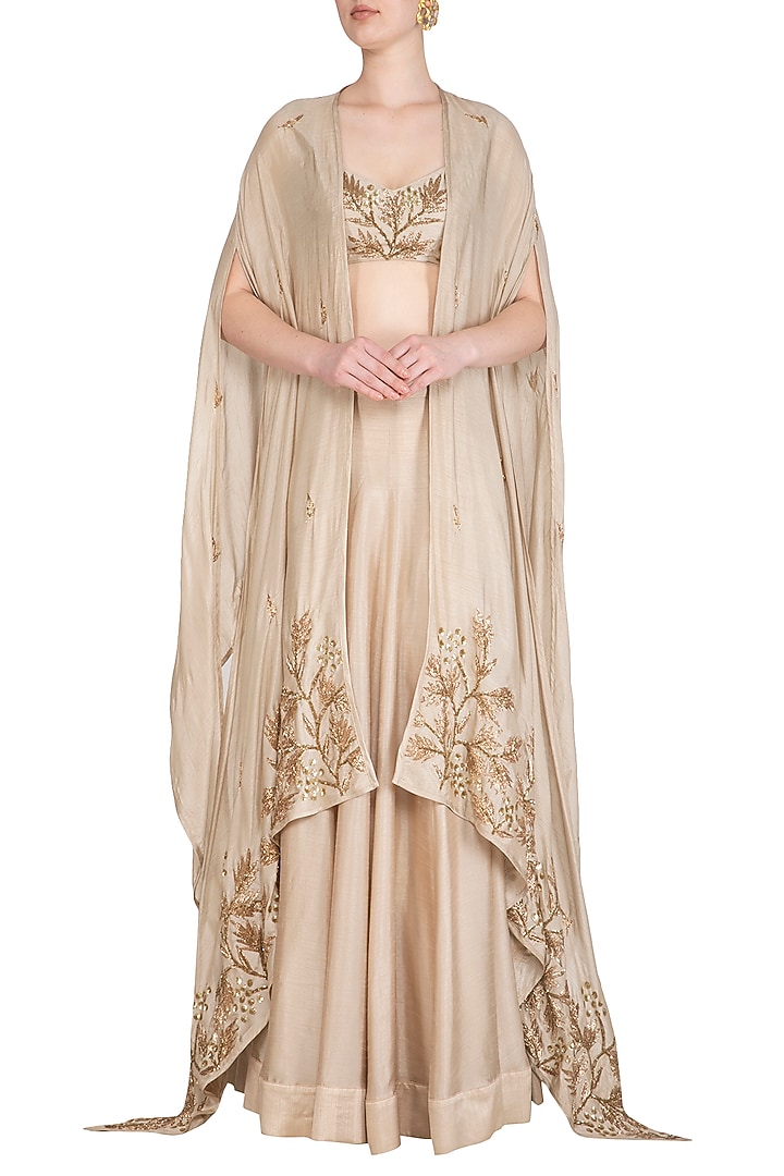 Champagne Gold Embroidered Wedding Lehenga Skirt With Blouse & Cape by Prathyusha Garimella at Pernia's Pop Up Shop