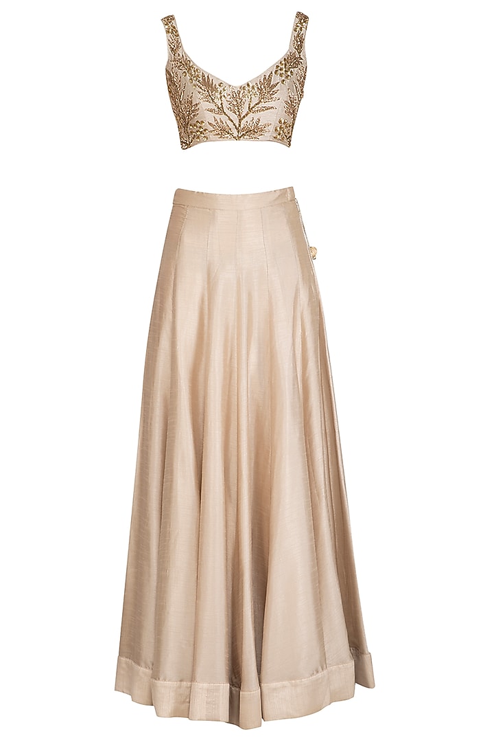 Champagne Gold Embroidered Wedding Lehenga Skirt With Blouse & Cape by Prathyusha Garimella at Pernia's Pop Up Shop