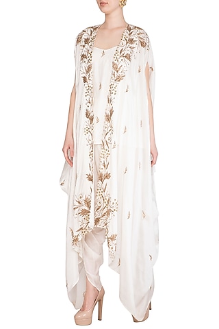 Ivory Embroidered Cowl Cape With Blouse & Dhoti Pants by Prathyusha Garimella