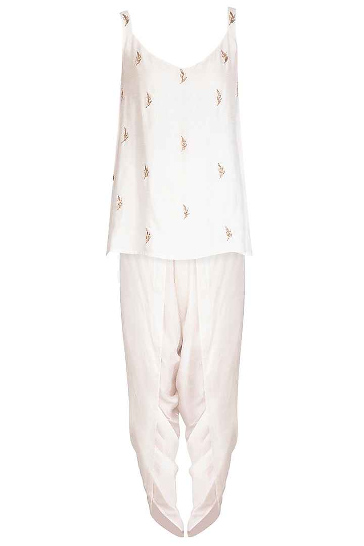 Ivory Embroidered Cowl Cape With Blouse & Dhoti Pants by Prathyusha Garimella at Pernia's Pop Up Shop