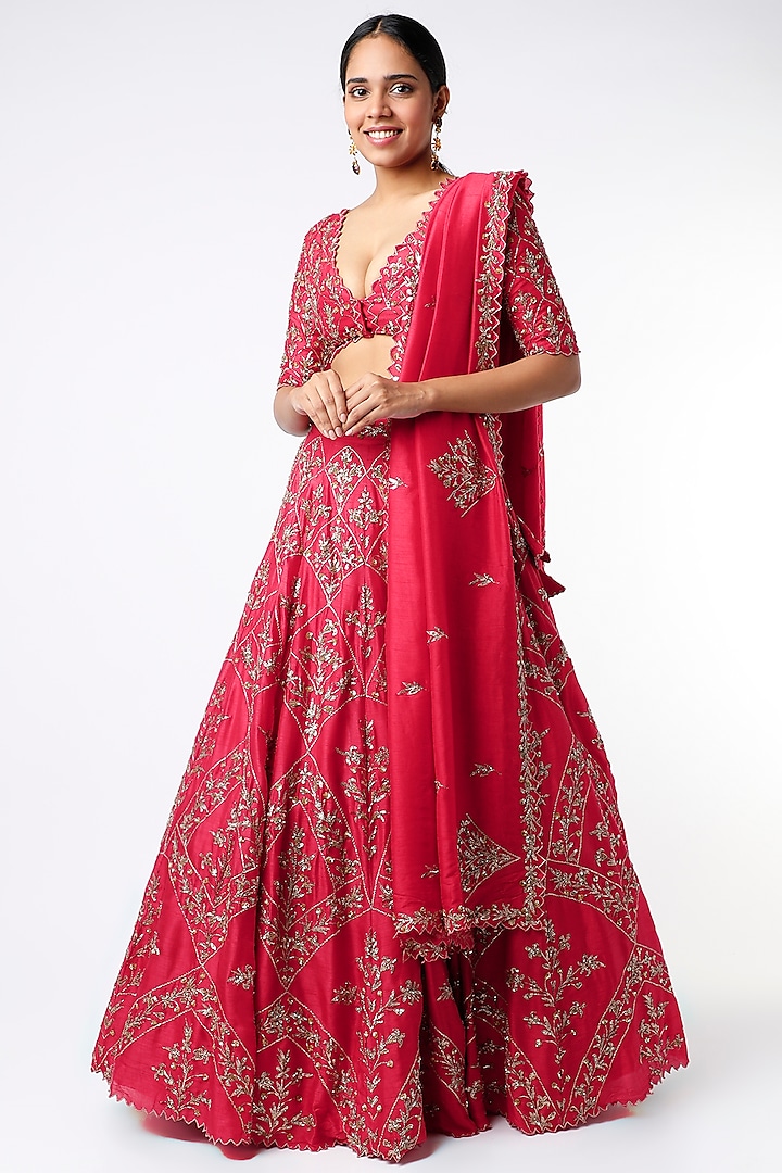 Fuchsia Pink Sequins Embroidered Lehenga Set by Prathyusha Garimella