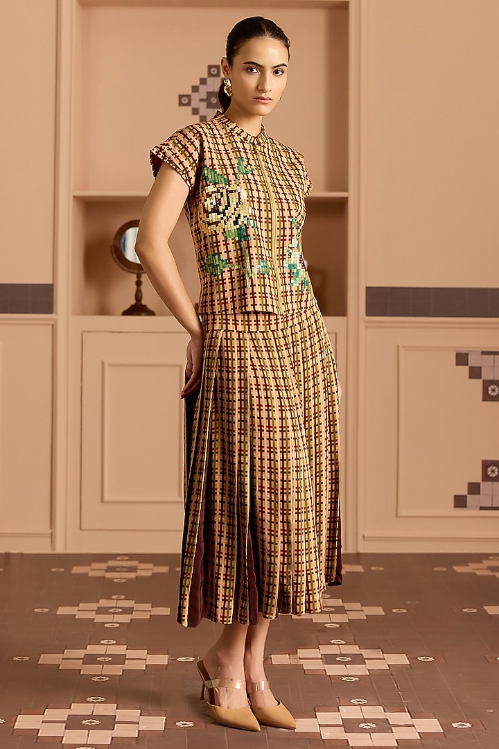 Burgundy Double Georgette & Crepe Checked Pleated Skirt by POOJA RAJGARHIA GUPTA at Pernia's Pop Up Shop