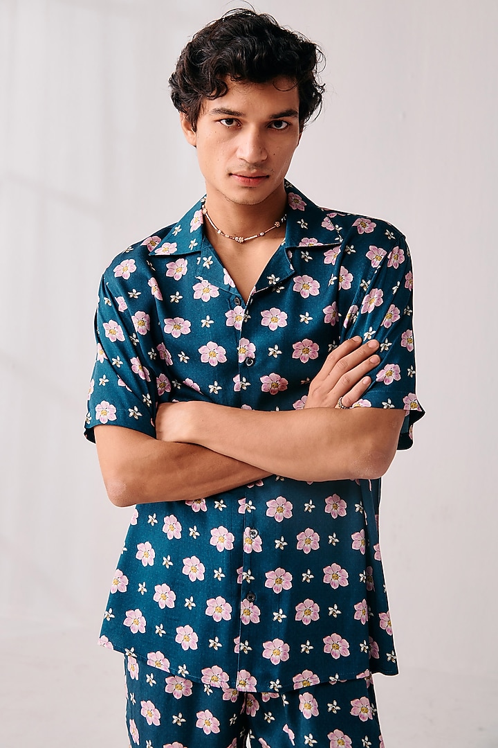 Teal Blue Modal Digital Printed Shirt by PERTE DEGO at Pernia's Pop Up Shop