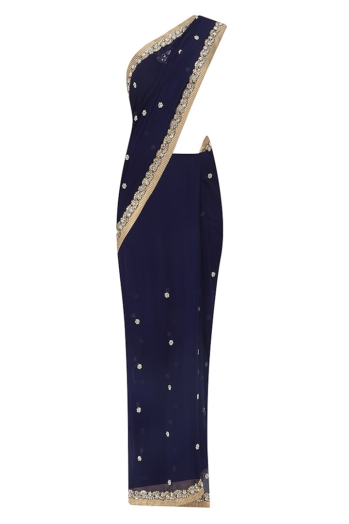 Navy Blue Stones Embroidered Saree with Black Blouse by Priti Sahni