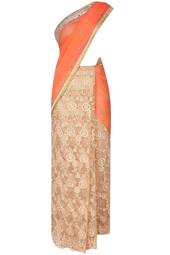 Orange And Gold Zardozi Hand Embroidered Saree With Copper Gold Crochet Cut-Work Blouse by Priti Sahni