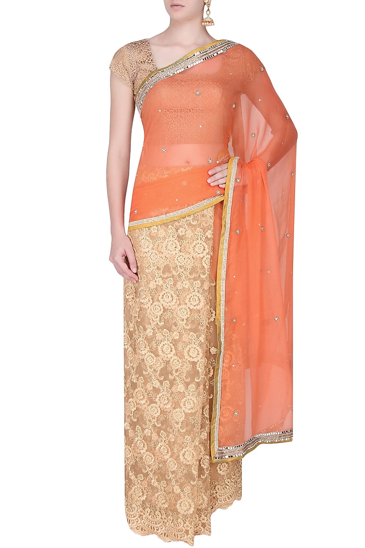 Priti Sahni presents Orange and gold zardozi hand embroidered saree available only at Pernia's Pop Up Shop.
