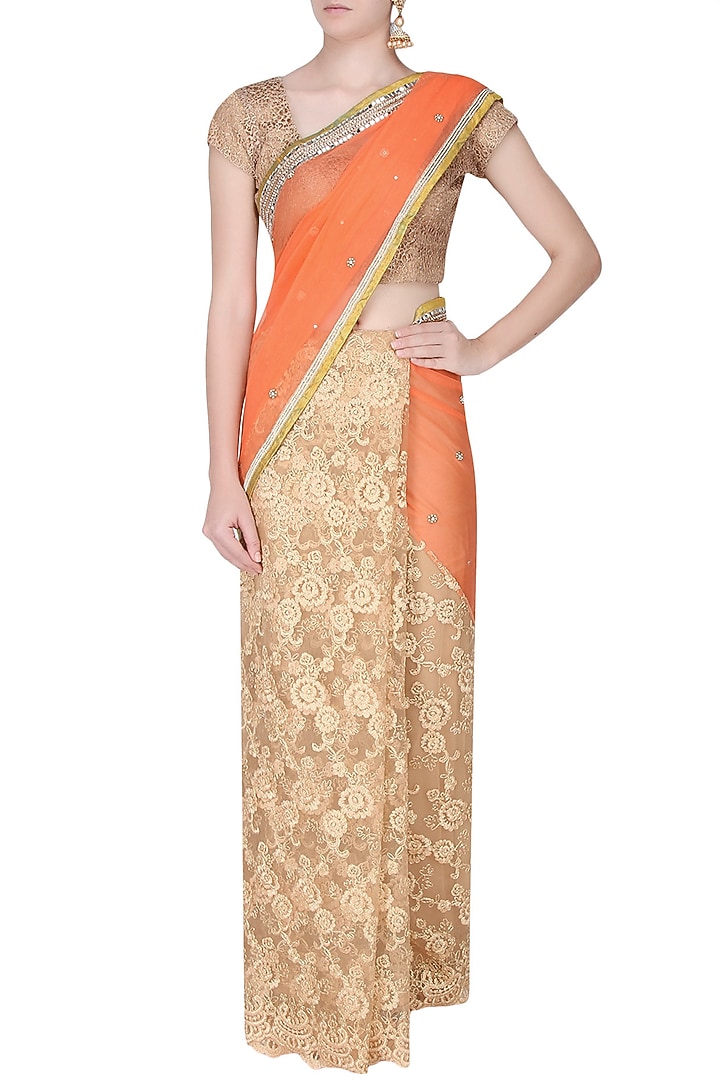 Priti Sahni presents Orange and gold zardozi hand embroidered saree available only at Pernia's Pop Up Shop.