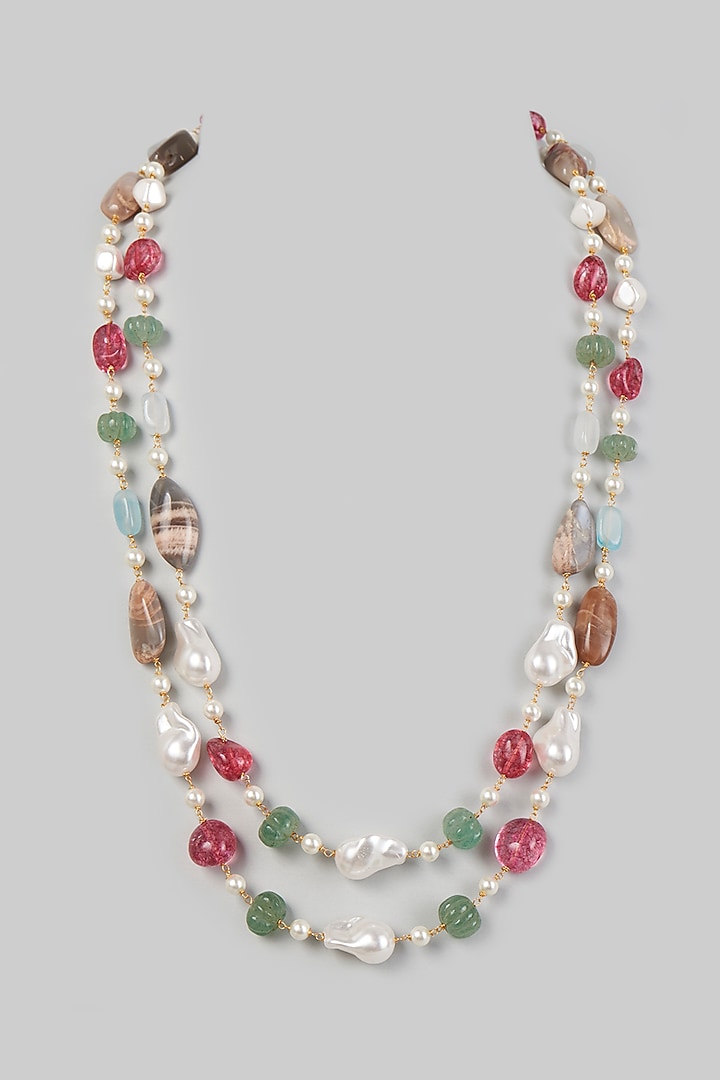 Gold Finish Shell Pearl & Quartz Melon Beaded Mala by Prihan Luxury Jewelry at Pernia's Pop Up Shop