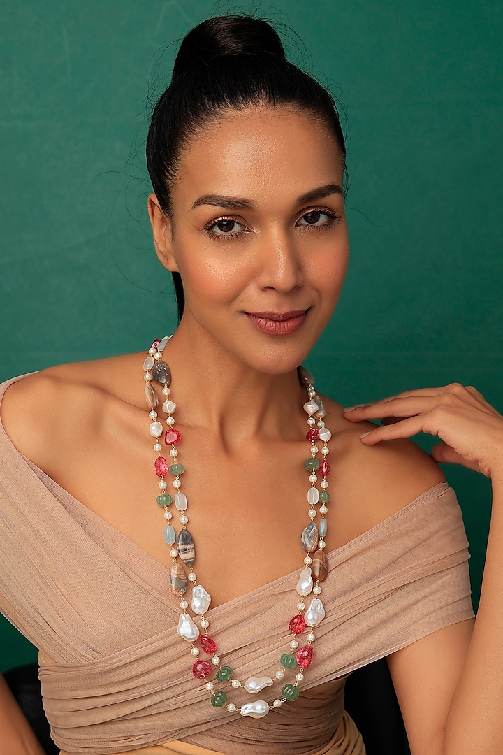 Gold Finish Shell Pearl & Quartz Melon Beaded Mala by Prihan Luxury Jewelry at Pernia's Pop Up Shop