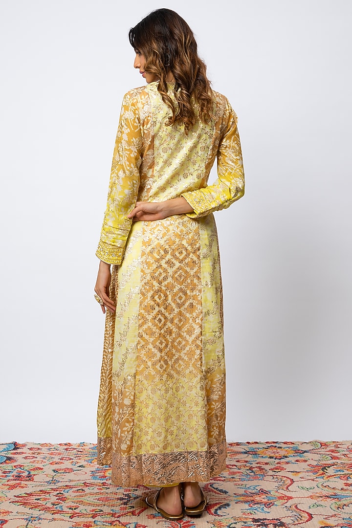 Mustard Silk Floral Geometric Printed & Sequins Embroidered Kurta Set by Prisha's at Pernia's Pop Up Shop