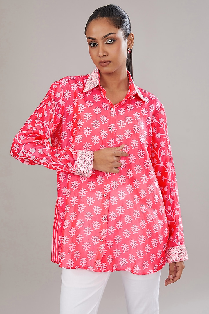 Neon Pink Kora Silk Block Printed & Hand Embroidered Shirt by Prisha's
