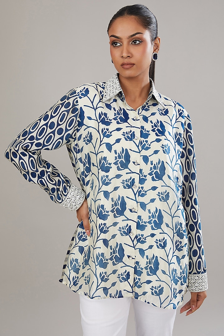 Off-White & Indigo Kora Silk Block Printed Shirt by Prisha's