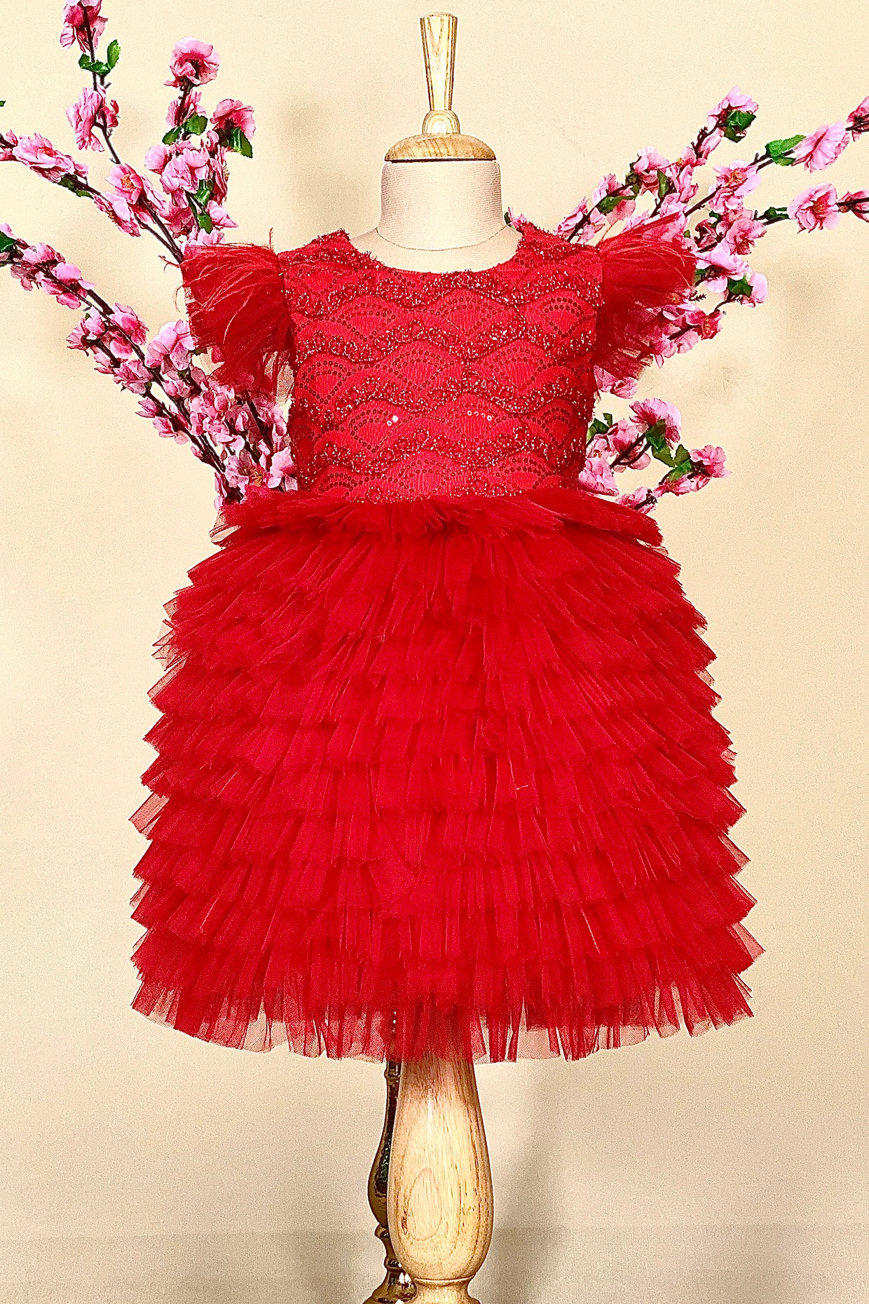 Red Cotton Polyester Dress For Girls Design by Little Vogue Club