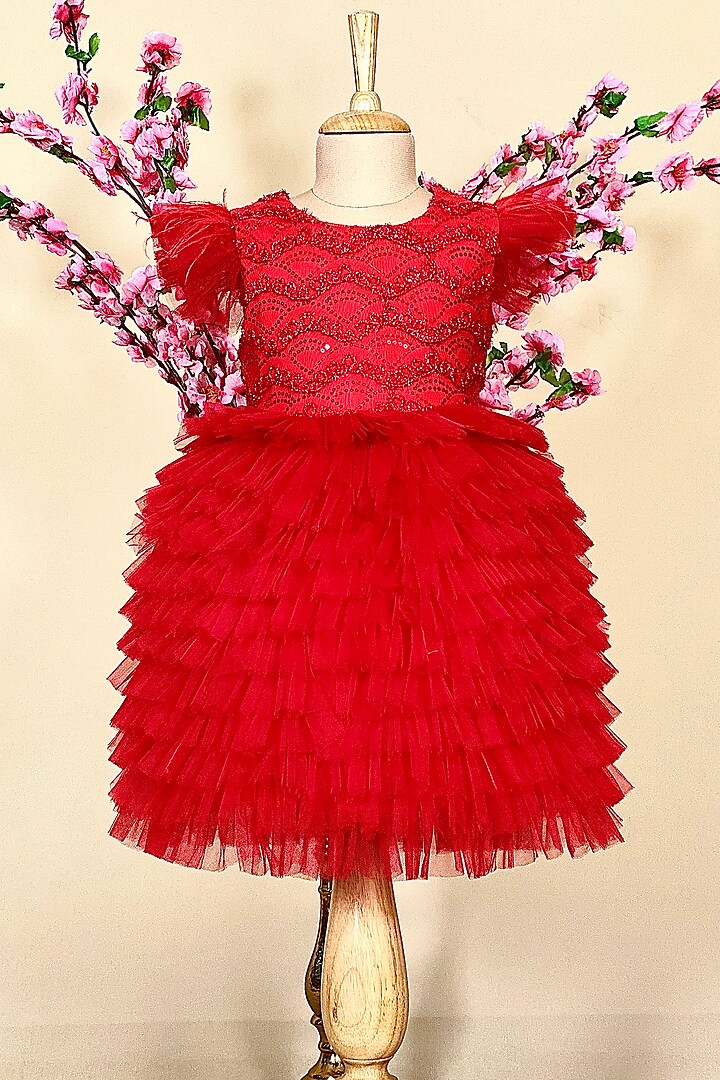 Red Cotton Polyester Dress For Girls by Little Vogue Club
