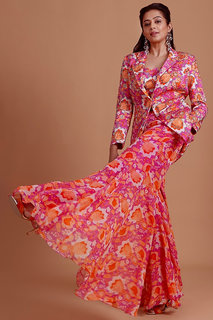 Fuchsia Pink Modal & Georgette Printed Co-Ord Set by DiyaRajvvir at Pernia's Pop Up Shop