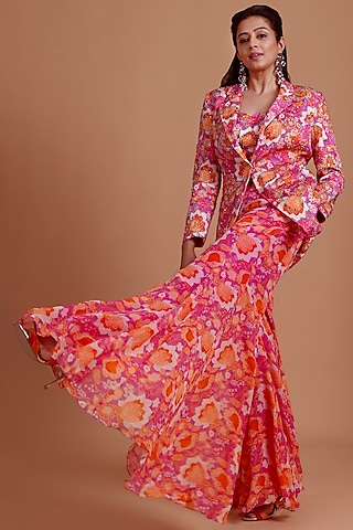 Fuchsia Pink Modal & Georgette Printed Co-Ord Set by DiyaRajvvir