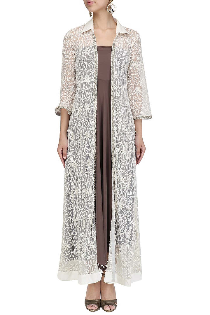 Ivory chikankari sequined jacket available only at Pernia's Pop Up Shop.