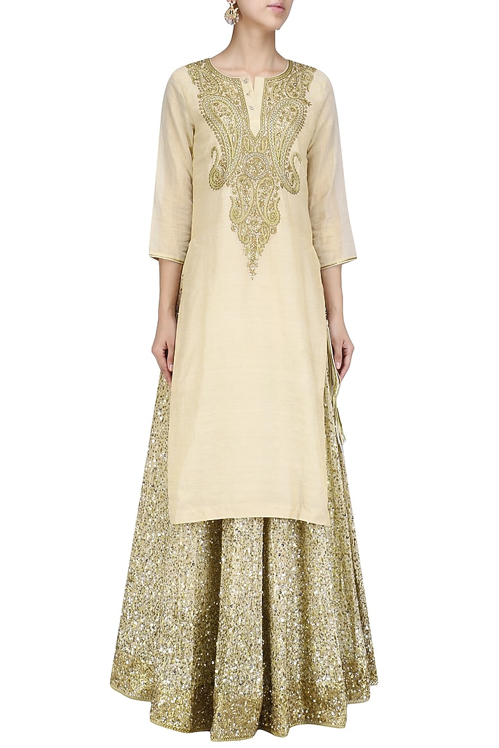 Beige stone embroidered kurta and chanderi lehenga set available only at Pernia's Pop Up Shop.