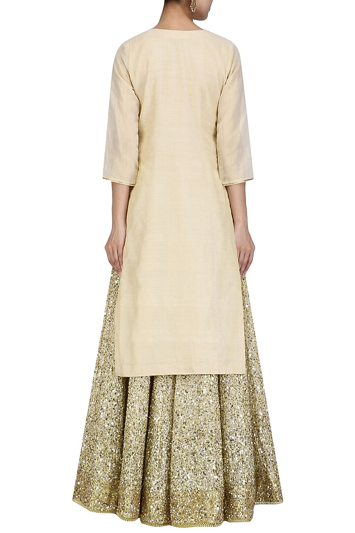 Beige stone embroidered kurta and chanderi lehenga set available only at Pernia's Pop Up Shop.