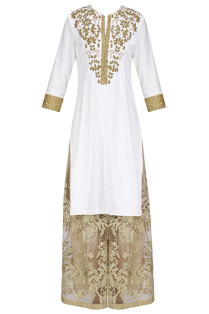 Ivory aari work kurta and sharara pants set available only at Pernia's Pop Up Shop.