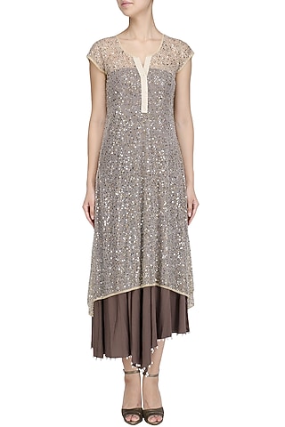 Gold and Brown Asymmetrical Sequined Tunic by Priyanka Raajiv